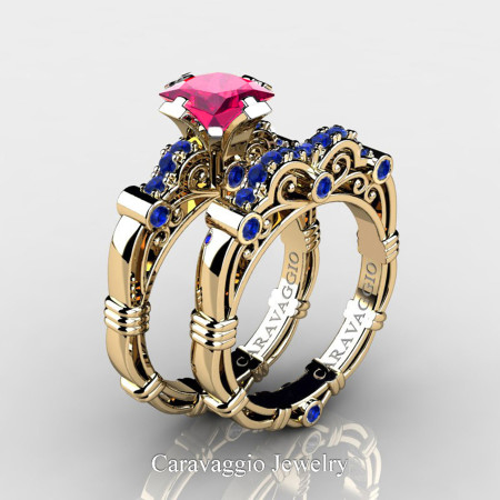 Caravaggio-14K-Yellow-Gold-1-25-Carat-Princess-Pink-and-Blue-Sapphire-Engagement-Ring-Wedding-Band-Set-R623PS-14KYGBSPS-P