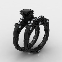 Art Masters Caravaggio 14K Black Gold 1.25 Ct Princess Black Sapphire Diamond Engagement Ring Wedding Band Set R623PS-14KBGDBLS