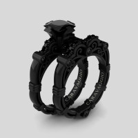 Art Masters Caravaggio 14K Black Gold 1.25 Ct Princess Black Sapphire Engagement Ring Wedding Band Set R623PS-14KBGBLS