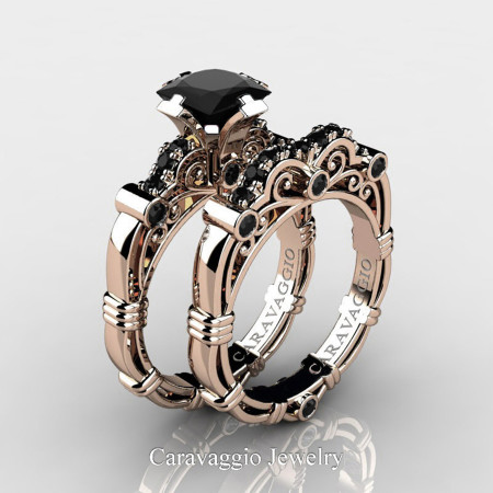 Art Masters Caravaggio 14K Rose Gold 1.25 Ct Princess Black Sapphire Engagement Ring Wedding Band Set R623PS-14KRGBLS