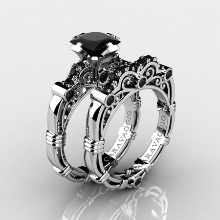 Art Masters Caravaggio 14K White Gold 1.25 Ct Princess Black Sapphire Engagement Ring Wedding Band Set R623PS-14KWGBLS