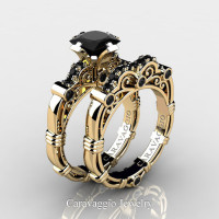 Art Masters Caravaggio 14K Yellow Gold 1.25 Ct Princess Black Sapphire Engagement Ring Wedding Band Set R623PS-14KYGBLS
