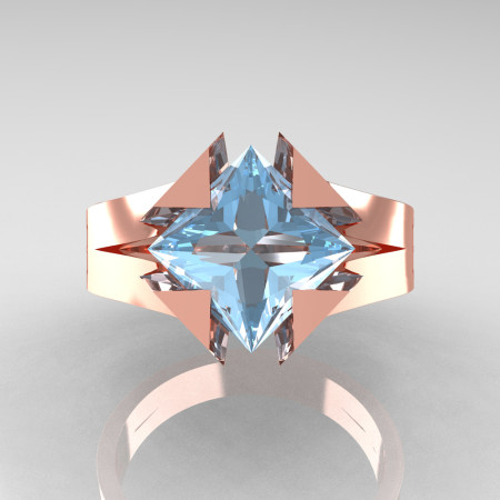 Neomodern 14K Rose Gold 2.0 CT Princess Aquamarine Engagement Ring R489-14KRGAQ
