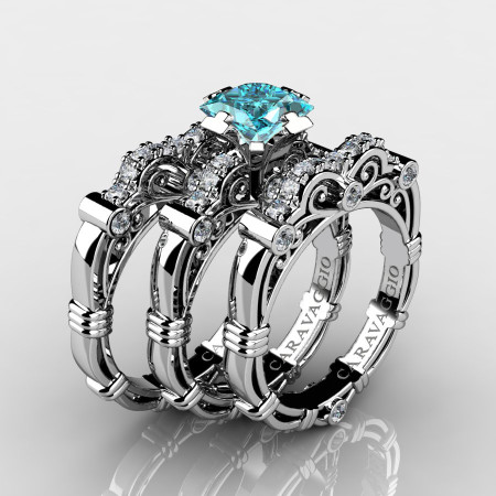 Art Masters Caravaggio Trio 14K White Gold 1.25 Ct Princess Blue Diamond Engagement Ring Wedding Band Set R623PS3-14KWGDBLD