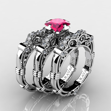 Art-Masters-Caravaggio-Trio-14K-White-Gold-1-25-Carat-Princess-Pink-Sapphire-Diamond-Engagement-Ring-Wedding-Band-Set-R623PS3-14KWGDPS-P