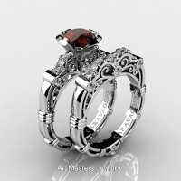 Art Masters Caravaggio 14K White Gold 1.0 Ct Brown and White Diamond Engagement Ring Wedding Band Set R623S-14KWGDBRD