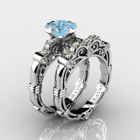 Art Masters Caravaggio 950 Platinum 1.25 Ct Princess Blue Topaz Diamond Engagement Ring Wedding Band Set R623PS-PLATDBT