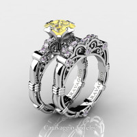 Art Masters Caravaggio 950 Platinum 1.25 Ct Princess Yellow Topaz Diamond Engagement Ring Wedding Band Set R623PS-PLATDYT
