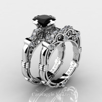 Art Masters Caravaggio 950 Platinum 1.25 Ct Princess Black Sapphire Diamond Engagement Ring Wedding Band Set R623PS-PLATDBLS