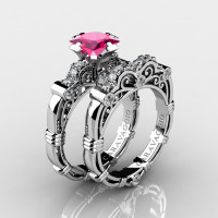 Art Masters Caravaggio 950 Platinum 1.25 Ct Princess Pink Sapphire Diamond Engagement Ring Wedding Band Set R623PS-PLATDPS