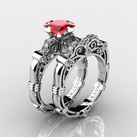 Art Masters Caravaggio 950 Platinum 1.25 Ct Princess Ruby Diamond Engagement Ring Wedding Band Set R623PS-PLATDR