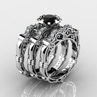 Art Masters Caravaggio Trio 950 Platinum 1.0 Ct Black and White Diamond Engagement Ring Wedding Band Set R623S3-PLATDBD