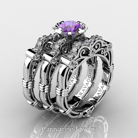 Art Masters Caravaggio Trio 950 Platinum 1.0 Ct Lilac Amethyst Diamond Engagement Ring Wedding Band Set R623S3-PLATDLAM