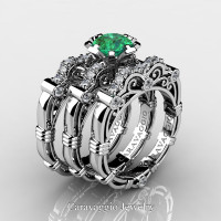 Art Masters Caravaggio Trio 950 Platinum 1.0 Ct Emerald Diamond Engagement Ring Wedding Band Set R623S3-PLATDEM
