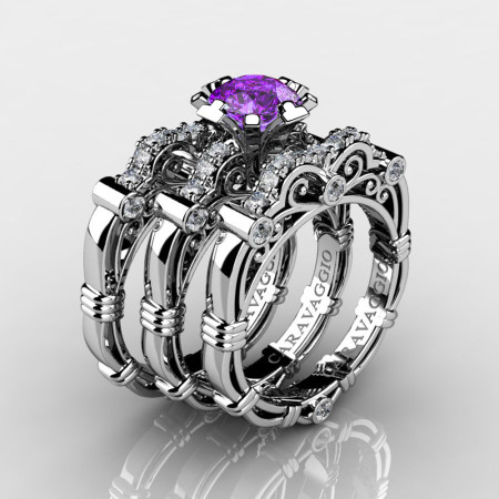Art-Masters-Caravagio-Trio-950-Platinum-1-Carat-Lavender-Amethyst-Diamond-Engagement-Ring-Wedding-Band-Set-R623S3-PLATDAM-P