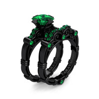 Art Masters Caravaggio 14K Black Gold 1.25 Ct Princess Emerald Engagement Ring Wedding Band Set R623PS-14KBGEM