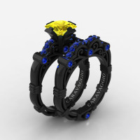 Art Masters Caravaggio 14K Black Gold 1.25 Ct Princess Yellow and Blue Sapphire Engagement Ring Wedding Band Set R623PS-14KBGBSYS