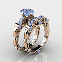 Art Masters Caravaggio 14K Rose Gold 1.25 Ct Princess Light Blue Sapphire Engagement Ring Wedding Band Set R623PS-14KRGLBS