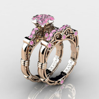 Art Masters Caravaggio 14K Rose Gold 1.25 Ct Princess Light Pink Sapphire Engagement Ring Wedding Band Set R623PS-14KRGLPS