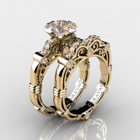Art Masters Caravaggio 14K Yellow Gold 1.25 Ct Princess Champagne Diamond Engagement Ring Wedding Band Set R623PS-14KYGCHD