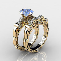 Art Masters Caravaggio 14K Yellow Gold 1.25 Ct Princess Light Blue Sapphire Diamond Engagement Ring Wedding Band Set R623PS-14KYGDLBS