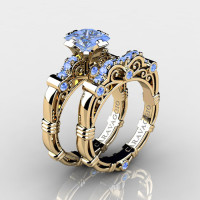 Art Masters Caravaggio 14K Yellow Gold 1.25 Ct Princess Light Blue Sapphire Engagement Ring Wedding Band Set R623PS-14KYGLBS