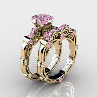 Art Masters Caravaggio 14K Yellow Gold 1.25 Ct Princess Light Pink Sapphire Engagement Ring Wedding Band Set R623PS-14KYGLPS