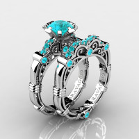 Art Masters Caravaggio 10K White Gold 1.0 Ct Blue Diamond Engagement Ring Wedding Band Set R623S-10KWGBLD