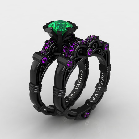 Art-Masters-Caravaggio-14K-Black-Gold-1-0-Ct-Emerald-Amethyst-Engagement-Ring-Wedding-Band-Set-R623S-14KBGAMEM-P