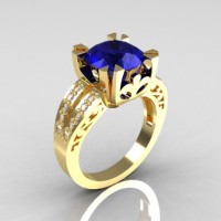 Modern Vintage 14K Yellow Gold 3.0 Ct Blue Sapphire Diamond Solitaire Ring R102-14KYGDBS