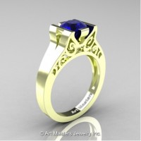 Modern Art Deco 14K Green Gold 1.0 Ct Blue Sapphire Engagement Ring R36N-14KGRGBS