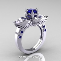 Art Masters Jewelry Winged Skull 14K White Gold 1.0 Ct Blue Sapphire Solitaire Engagement Ring R613-14KWGBS