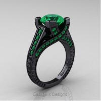 Classic 14K Black Gold 3.0 Ct Emerald Engraved Engagement Ring R364-14KBGEM