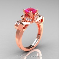 Classic 14K Rose Gold 1.0 Ct Pink Sapphire White Diamond Solitaire Engagement Ring R323-14KRGDPS