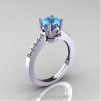Classic French 14K White Gold 1.0 Ct Blue Topaz Diamond Solitaire Ring R101-14WGDBT