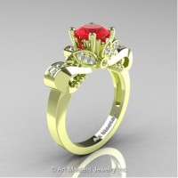Classic 18K Green Gold 1.0 Ct Ruby Diamond Solitaire Engagement Ring R323-18KGRGDR