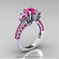 Classic French 14K White Gold Three Stone 2.0 Ct Pink and Light Pink Sapphire Solitaire Ring R421-14KBGLPSPS