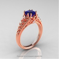 French 14K Rose Gold 1.0 Ct Princess Blue Sapphire Diamond Lace Engagement Ring Wedding Ring R175P-14KRGDBS