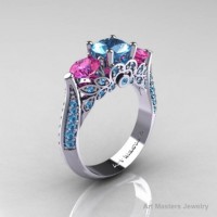 Classic 10K White Gold Three Stone Blue Pink Topaz Solitaire Ring R200-10KWGBTPT