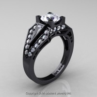 Edwardian 14K Black Gold 1.0 Ct White Sapphire Diamond Engagement Ring R285-14KBGDWS