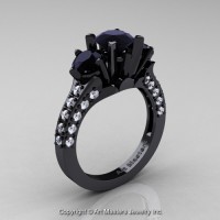 French 14K Black Gold Three Stone 2.0 Ct Black and White Diamond Solitaire Wedding Ring R421-14KBGDBD