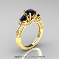 French 14K Yellow Gold Three Stone Black White Diamond Engagement Ring Wedding Ring R182-14KYGDBD