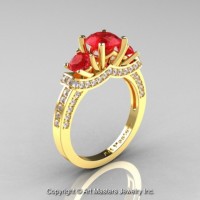 French 14K Yellow Gold Three Stone Rubies Diamond Engagement Ring Wedding Ring R182-14KYGDR