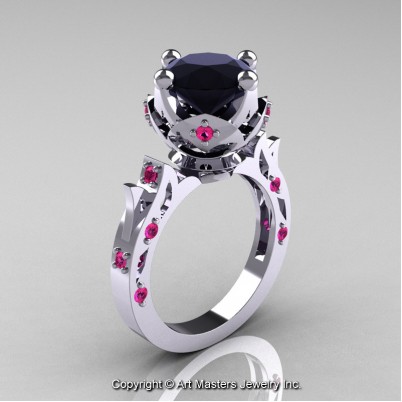 Modern-Antique-White-Gold-Black-Diamond-Pink-Sapphire-Solitaire-Wedding-Ring-R214-WGPSBD-P-402×402