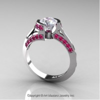 Modern French 14K White Gold 1.0 Ct White Sapphire Pink Sapphire Engagement Ring Wedding Ring R376-14KWGPSWS