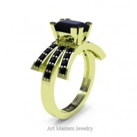 Victorian Inspired 18K Green Gold 1.0 Ct Emerald Cut Black Diamond Wedding Ring Engagement Ring R344-18KGRGBD