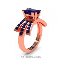 Victorian Inspired 14K Rose Gold 1.0 Ct Emerald Cut Blue Sapphire Wedding Ring Engagement Ring R344-14KRGBS