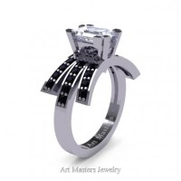 Victorian Inspired 14K White Gold 1.0 Ct Emerald Cut White Sapphire Black Diamond Wedding Ring Engagement Ring R344-14KWGBDWS