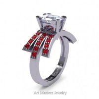 Victorian Inspired 14K White Gold 1.0 Ct Emerald Cut White Sapphire Ruby Wedding Ring Engagement Ring R344-14KWGRWS