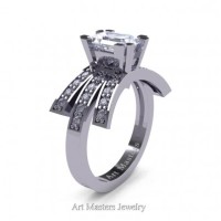 Victorian Inspired 14K White Gold 1.0 Ct Emerald Cut White Sapphire Diamond Wedding Ring Engagement Ring R344-14KWGDWS